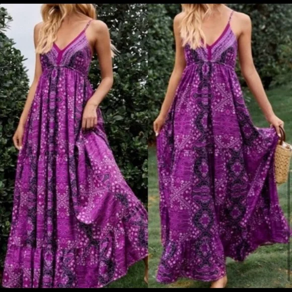New! Clearance 🔥Purple Bobo Gypsy Cami Ruffle Maxi Dress - Picture 4 of 5